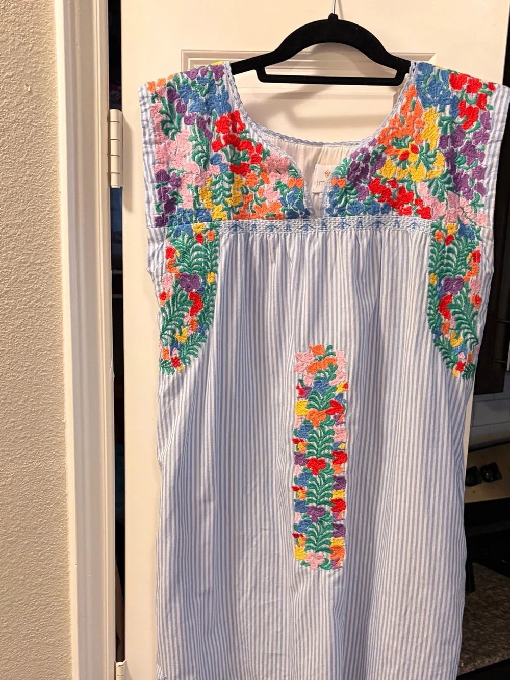 J. Marie Light Blue Striped Dress with Multicolor Floral Embroidery - Picture 3 of 8